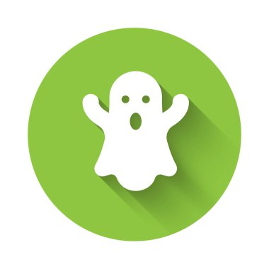 Beyaz Hayalet simgesi uzun gölge arkaplanı ile izole edildi. Mutlu Cadılar Bayramı Partisi. Yeşil daire düğmesi. Vektör.