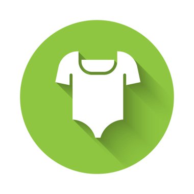 Beyaz Yaz plaj mayo ikonu uzun gölge arkaplan izole. Plaj kadını modası. Yeşil daire düğmesi. Vektör.