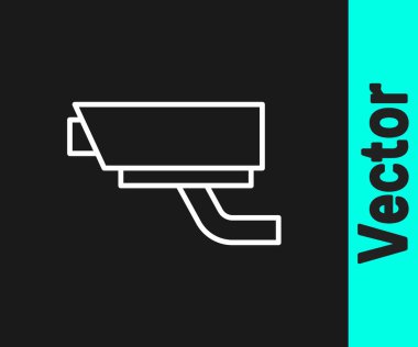 Beyaz çizgi güvenlik kamerası simgesi siyah arkaplanda izole edildi. Vektör.