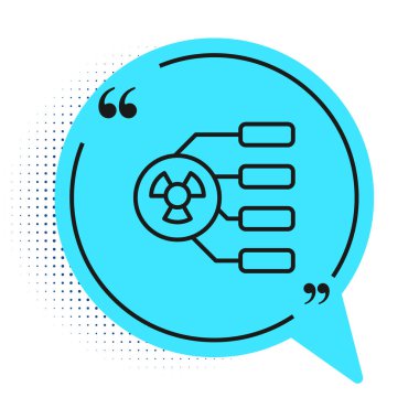 Siyah çizgi Radyoaktif simgesi beyaz arkaplanda izole edildi. Radyoaktif zehirli sembol. Radyasyon tehlikesi işareti. Mavi konuşma balonu sembolü. Vektör.