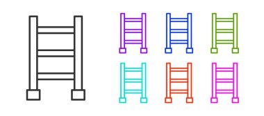 Beyaz arka planda siyah çizgi yangın merdiveni ikonu izole edildi. Pompier merdiveni. İtfaiyeciler merdiveni sırıkla tırmanır. Simgeleri renklendirin. Vektör.