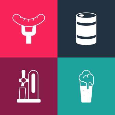 Pop sanatını bira bardağına, bira fıçısını cama, metal fıçıyı ve sosisi çatal ikona yerleştir. Vektör.