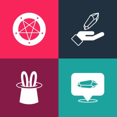 Pop Art Magic Stone Sihirbaz şapkası, tavşan kulakları ve pentagram 'ı daire simgesi yap. Vektör.