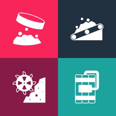 Popüler sanat eseri Dynamite Bucket tekerlek kazıcı kayışını kömür ve demir tozu ikonu taşıyan dev mıknatısı taşır. Vektör.