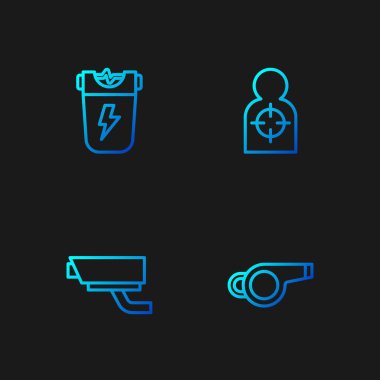 Whistle hattı, güvenlik kamerası, elektrik şoku ve atış için insan hedef sporu. Renk simgeleri. Vektör.