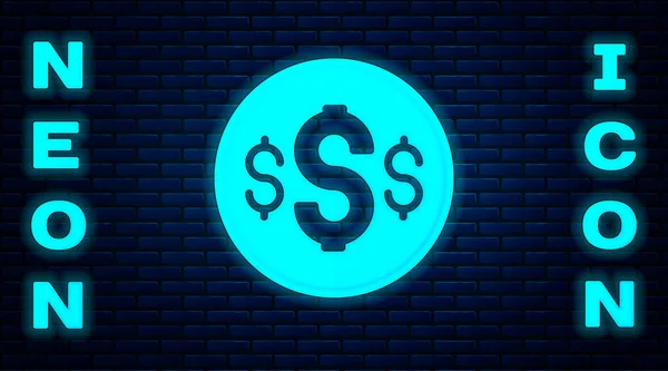 Świecący Neon Dolar Symbol Ikona Izolowane Tle Cegły Ściany Gotówka — Wektor stockowy