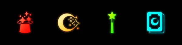 设置魔帽月亮和明星魔杖和塔罗牌图标 — 图库矢量图片