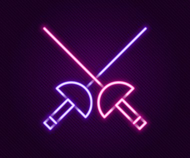 Parlayan neon hattı eskrim simgesi siyah arkaplanda izole edildi. Spor malzemeleri. Renkli taslak konsepti. Vektör