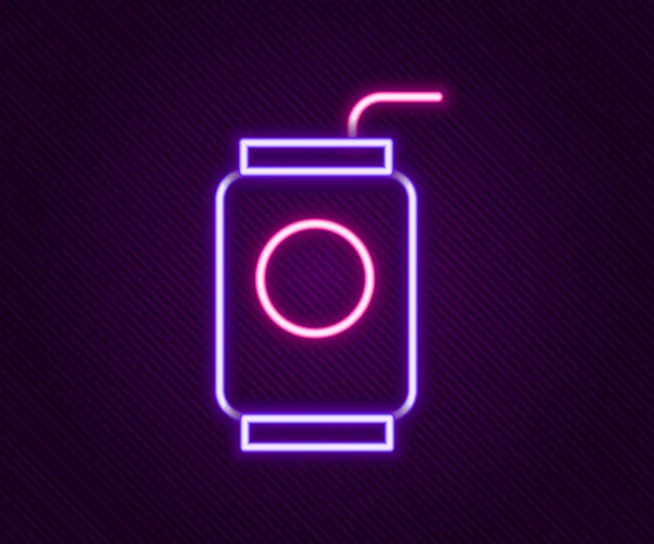 Linha de néon brilhante lata de refrigerante com beber ícone de palha isolado no fundo preto. Conceito de esboço colorido. Vetor —  Vetores de Stock