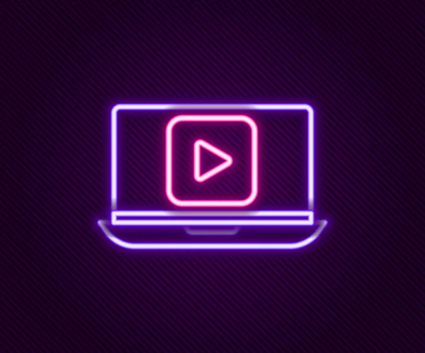 Leuchtende Neon-Linie Online spielen Video-Symbol isoliert auf schwarzem Hintergrund. Laptop und Filmstreifen mit Spielschild. Buntes Rahmenkonzept. Vektor — Stockvektor