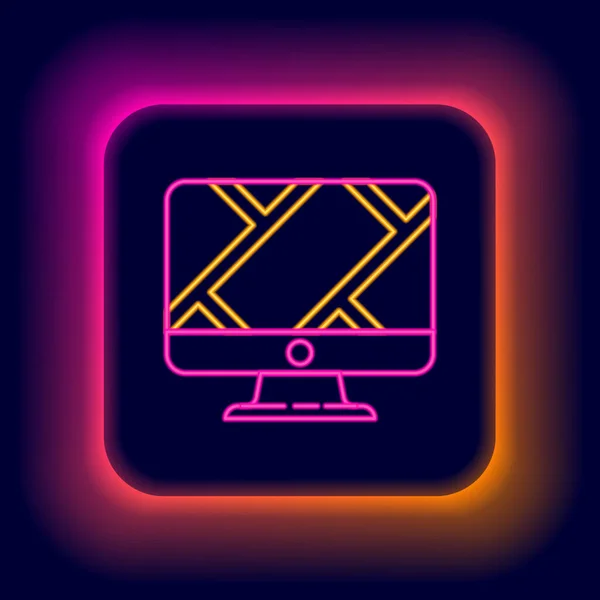 Glödande neon line Datorskärm och vikbar karta med plats markör ikon isolerad på svart bakgrund. Färgstarkt skisskoncept. Vektor — Stock vektor