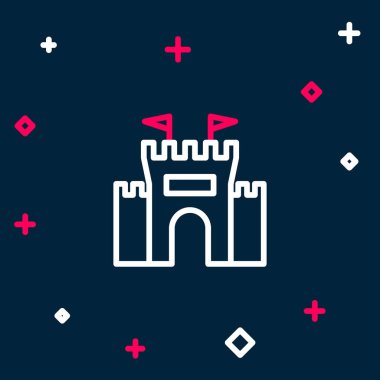 Castle çizgi simgesi mavi arkaplanda izole edildi. Renkli taslak konsepti. Vektör