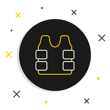 Beyaz arka planda izole edilmiş kurşun ikonundan korunmak için kurşun geçirmez yelek. Vücut zırhı işareti. Askeri kıyafetler. Renkli taslak konsepti. Vektör