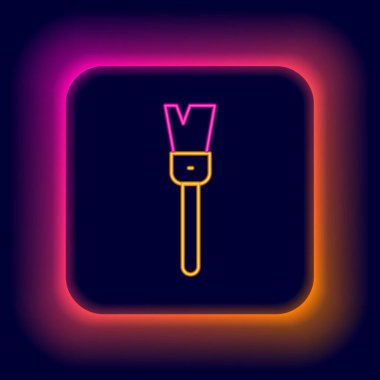 Parlayan neon çizgisi fırça simgesi siyah arkaplanda izole edildi. Kazılar sırasında sanatçılar, arkeologlar ve temizlik için. Renkli taslak konsepti. Vektör