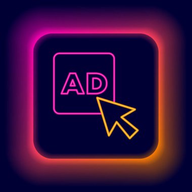 Parlayan neon hattı reklam simgesi siyah arkaplanda izole edildi. Pazarlama ve tanıtım süreci kavramı. İlgili reklamlar. Sosyal medya reklamcılığı. Renkli taslak konsepti. Vektör