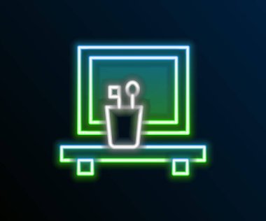 Parlayan neon hattı Washbasin ayna ikonu siyah arkaplanda izole edilmiş. Banyo içi aynalı. Renkli taslak konsepti. Vektör