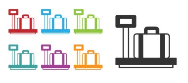 Beyaz arkaplanda izole edilmiş bavul simgesiyle siyah ölçek. Lojistik ve teslimat. Dağıtım paketinin ağırlığı bir ölçekte. Simgeleri renklendirin. Vektör