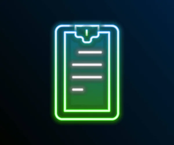 Leuchtende neonfarbene Zwischenablage mit Checklisten-Symbol auf schwarzem Hintergrund. Kontrolllisten-Symbol. Umfrage oder Fragebogen-Feedback-Formular. Buntes Rahmenkonzept. Vektor — Stockvektor