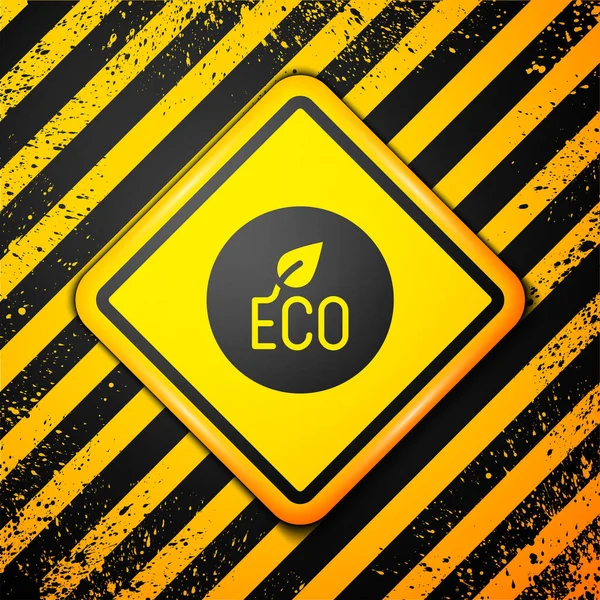 Icono de símbolo Black Leaf Eco aislado sobre fondo amarillo. Banner, etiqueta, etiqueta, logotipo, etiqueta para eco verde. Señal de advertencia. Vector — Vector de stock