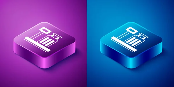 Isometric Scale with suitcase icon isolated on blue and purple background. Logistic and delivery. Weight of delivery package on a scale. Square button. Vector — Stock Vector
