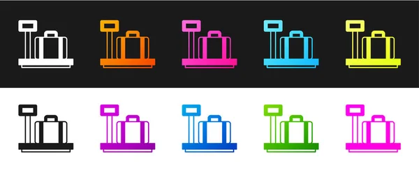 Set Scale with suitcase icon isolated on black and white background. Logistic and delivery. Weight of delivery package on a scale. Vector — Stock Vector