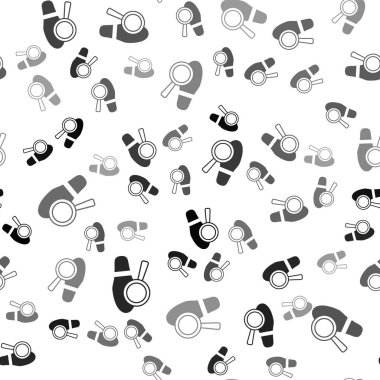 Siyah büyüteç, beyaz arka planda izole edilmiş ayak izi ikonu. Dedektif araştırıyor. Ayak izlerini takip etmek için. Vektör