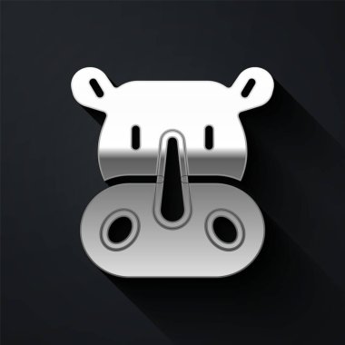 Gümüş gergedan simgesi siyah arkaplanda izole edildi. Hayvan sembolü. Uzun gölge tarzı. Vektör