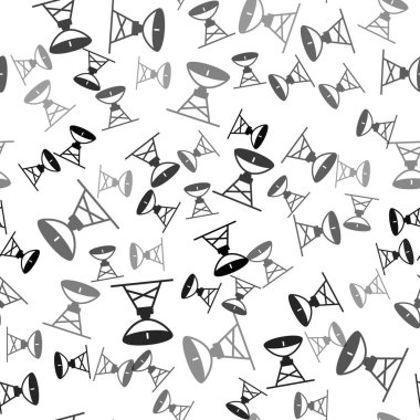 Siyah uydu çanak ikonu beyaz arkaplanda izole edilmiş pürüzsüz desen. Radyo anten, astronomi ve uzay araştırması. Vektör