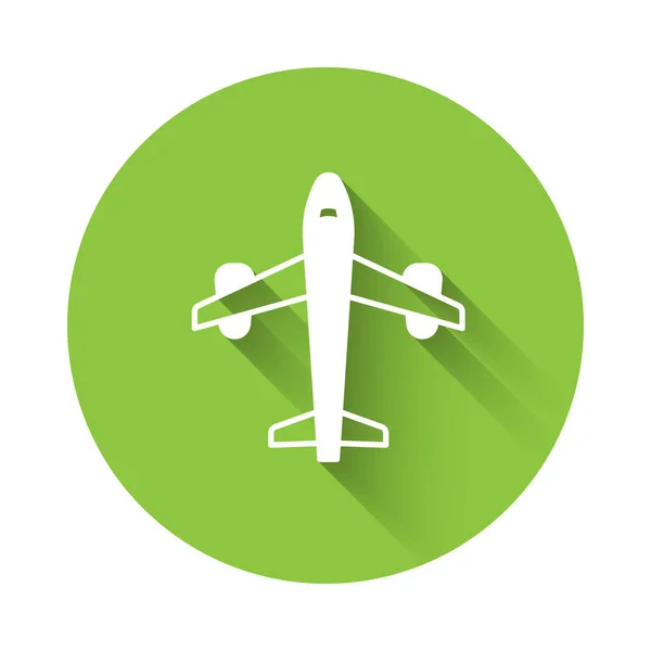 White Plane ikon isolerad med lång skugga bakgrund. Flygplansikonen. Flygplansskylt. Grön cirkel knapp. Vektor — Stock vektor