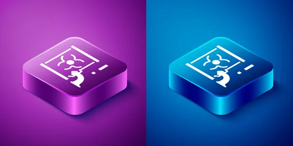 Isometric Radioactive waste in barrel icon isolated on blue and purple background. Barrel with radioactive and toxic substance is spilled. Square button. Vector — Stock Vector