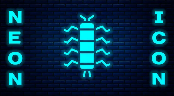 Icono de insecto ciempiés de neón brillante aislado en el fondo de la pared de ladrillo. Vector — Archivo Imágenes Vectoriales
