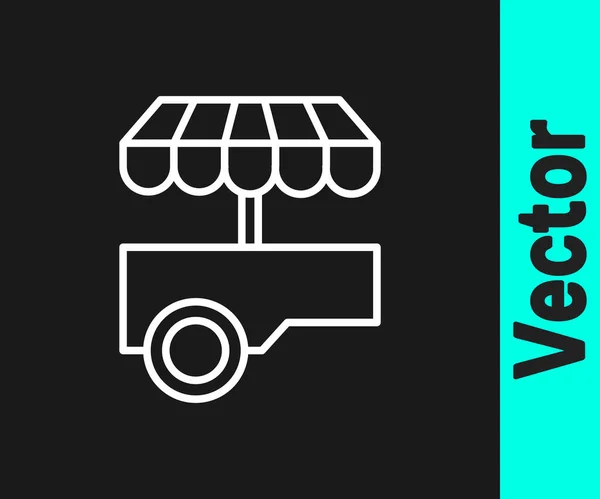Weiße Linie Fast-Street-Food-Wagen mit Markise Symbol isoliert auf schwarzem Hintergrund. Stadtkiosk. Vektor — Stockvektor