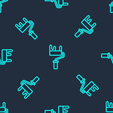 Yeşil çizgi boya fırça ikonu mavi arkaplanda izole edilmiş pürüzsüz desen. Vektör