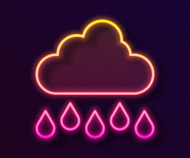 Siyah zemin üzerinde yağmur ikonu olan parlak neon çizgisi. Yağmur damlaları ile yağmur bulutu yağışı. Vektör