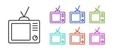 Siyah çizgi Retro TV simgesi beyaz arkaplanda izole edildi. Televizyon tabelası. Simgeleri renklendirin. Vektör