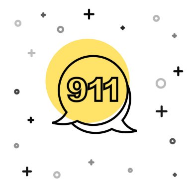 Beyaz arka planda 911 'i arayan siyah hat telefonu izole edildi. Polis, ambulans, itfaiye, çağrı, telefon. Rastgele dinamik şekiller. Vektör
