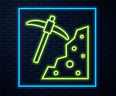 Parlayan neon çizgisi Kazma simgesi tuğla duvar arka planında izole edildi. Vektör