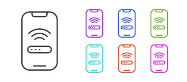 Beyaz arkaplanda izole edilmiş ücretsiz kablosuz bağlantı ikonu olan siyah çizgi akıllı telefon. Kablosuz teknoloji, kablosuz bağlantı, kablosuz ağ. Simgeleri renklendirin. Vektör