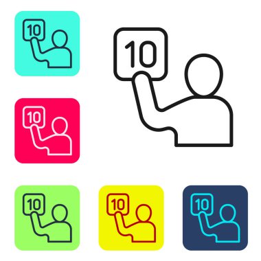 Hakimlerin siyah çizgi değerlendirmesi beyaz arka planda izole edildi. Renkli kare düğmelerle simgeleri ayarla. Vektör