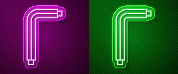 Linea al neon incandescente Strumento allen key icon isolato su sfondo viola e verde. Vettore — Vettoriale Stock