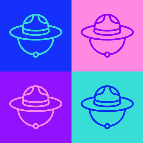 Pop art línea canadiense guardabosques sombrero icono uniforme aislado en el fondo de color. Vector — Archivo Imágenes Vectoriales