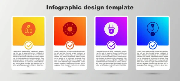 Nastavit symbol Eco listu, slunce, elektrický konektor a průmyslový hák. Obchodní infografická šablona. Vektor — Stockový vektor