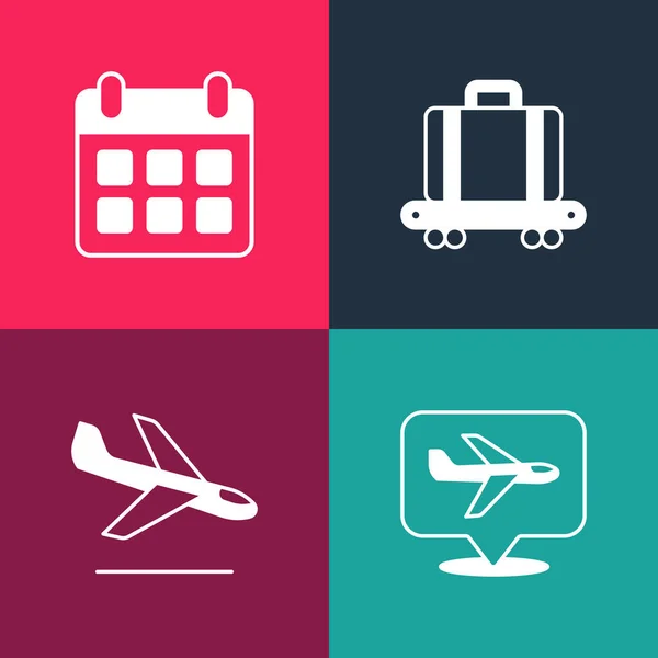 stock vector Set pop art Plane, landing, Conveyor belt with suitcase and Calendar airplane icon. Vector