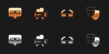 3D sinema gözlükleri, Retro kamera, ve Komedi ve trajedi maskeleri ikonu. Vektör