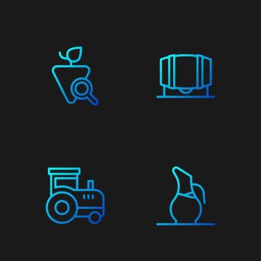 Şarap, traktör, üzüm ve tahta fıçı için hat ayarlayın. Renk simgeleri. Vektör