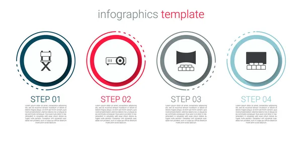Set diretor cadeira de cinema, filme, filme, projetor de mídia, auditório de cinema com tela e. Modelo de infográfico de negócios. Vetor — Vetor de Stock