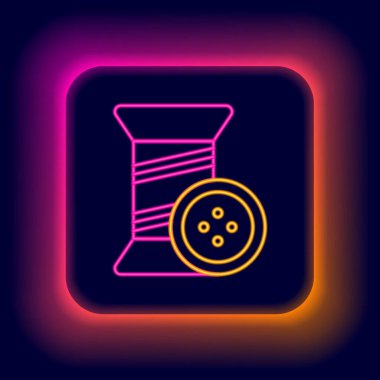 Parlak neon çizgisinde dikiş ipliği ve düğme simgesi siyah arkaplanda izole edildi. İplik makarası. İplik kutusu. Renkli taslak konsepti. Vektör