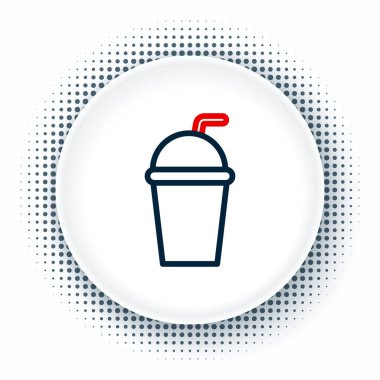 Beyaz zemin üzerinde saman ve su ikonu olan çizgi kağıt bardak. Soda bardağı. Taze soğuk içecek sembolü. Renkli taslak konsepti. Vektör