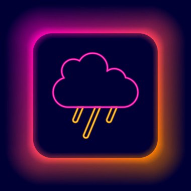 Siyah zemin üzerinde yağmur ikonu olan parlak neon çizgisi. Yağmur damlaları ile yağmur bulutu yağışı. Renkli taslak konsepti. Vektör
