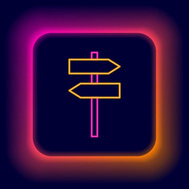Parlayan neon hat trafik levhası. Siyah arkaplanda sinyal simgesi izole edildi. İşaretçi sembolü. Sokak bilgi tabelası. Yön tabelası. Renkli taslak konsepti. Vektör